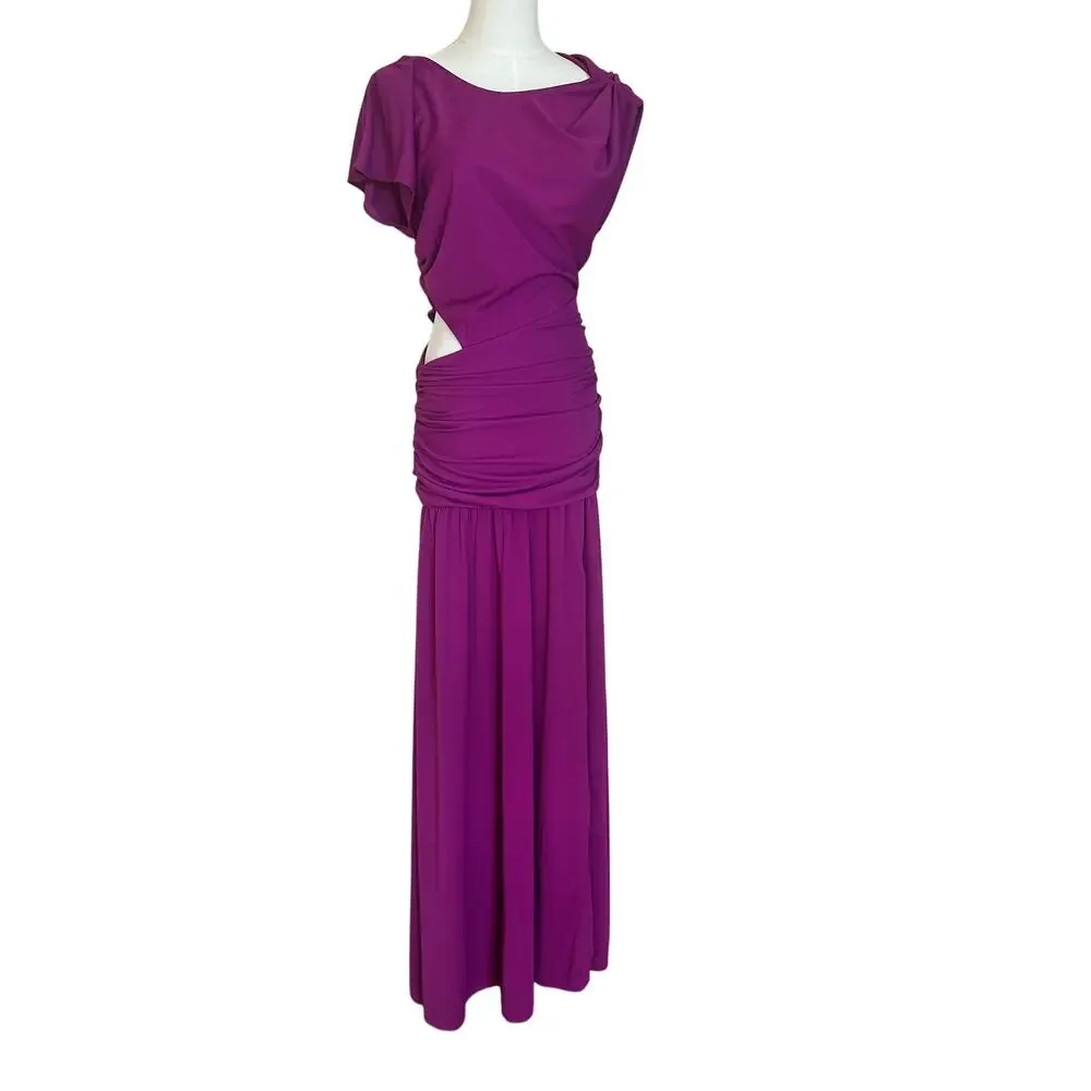 Tanya Taylor Magenta Ruched Gown SIZE 4 Cut Out Asymmetric Slit Designer $600 - Picture 5 of 12